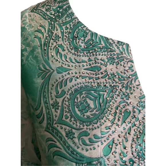 JM Collections Woman Mint Green and White Sequined Boho Blouse with Flaired Bell - Picture 7 of 13